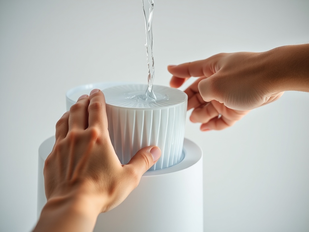 가습기 사용자가 흐르는 물에 필터를 세척하며 위생적으로 관리하는 모습
