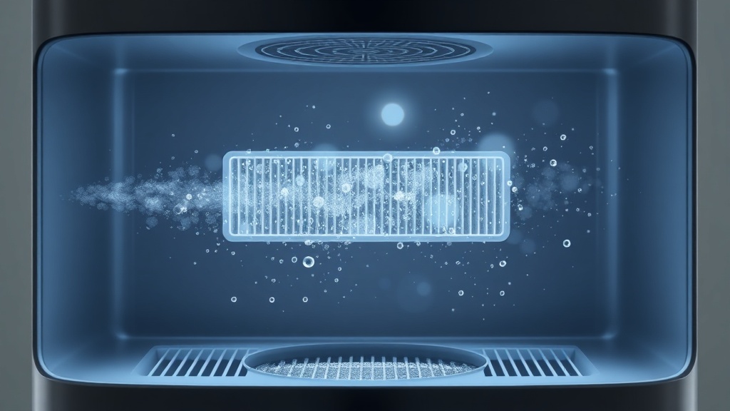 깨끗한 공기와 미세한 수분 입자가 필터를 통해 실내로 퍼져나가는 자연기화식 가습기의 작동 원리 이미지