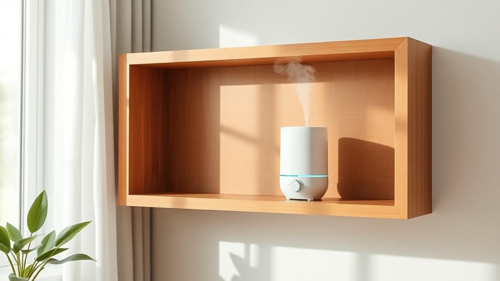 아이의 손이 닿지 않는 높은 선반 위에 안전하게 설치된 가열식 가습기의 모습